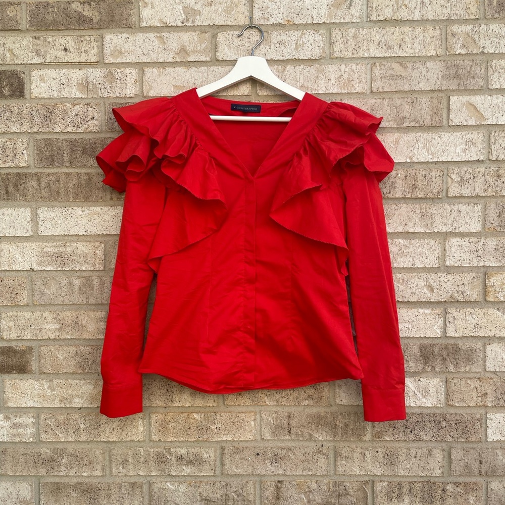 Chester & Peck Spanish Ruffle Red Button Down
